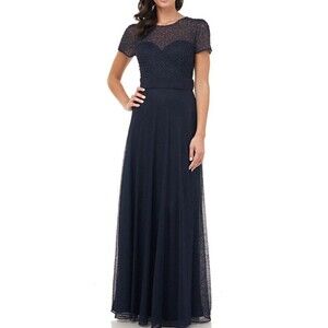 NWT JS Collections Illusion Neck Short Sleeve Beaded Bodice Gown Navy Size 8